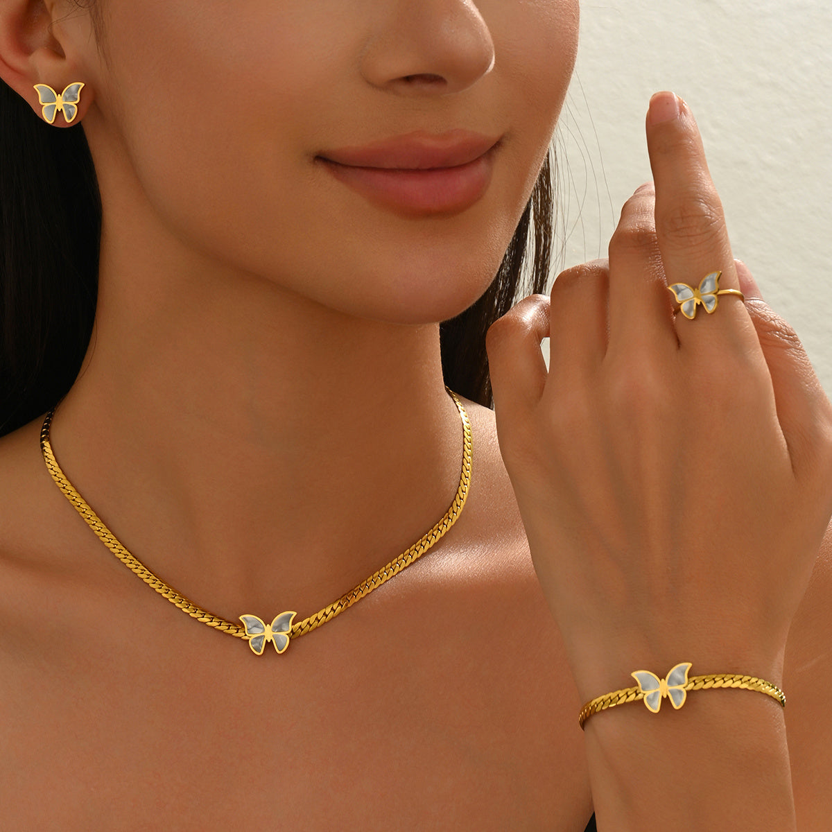 Lxalry 18K Gold Plated Butterfly Jewelry Set With Mirror Polish Hypoallergenic Skin Safe 4PCS Necklace Earrings Bracelet Ring For Women, Never Fade Luxury Gift For Her