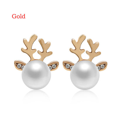 Stud Earrings Christmas Pearl Antlers Earrings